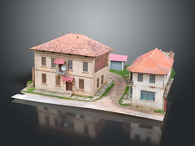 Traditional Two Story Buildings Featuring Red Tiled Roofs Light Colored Exteriors Pathway And Grass 3d model