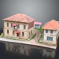 Traditional Two Story Buildings Featuring Red Tiled Roofs Light Colored Exteriors Pathway And Grass