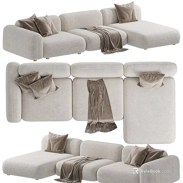 Light Grey Multi Seater Sofa With Plush Cushions And Soft Throw Blanket 3d model 
