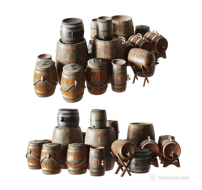 Vintage Wooden Barrel Decorative Ornament Set With Various Sizes For Home 3d model 
