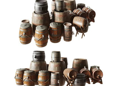 Vintage Wooden Barrel Decorative Ornament Set With Various Sizes For Home 3d model
