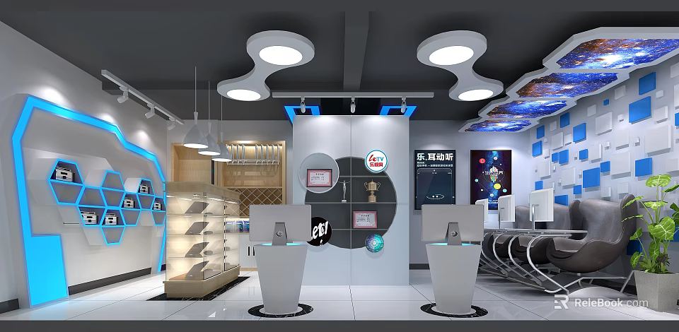 Modern Tech Exhibition Hall With Circular White Ceiling Lights Display Wall EHT Logo Screen Pedestals 3d model