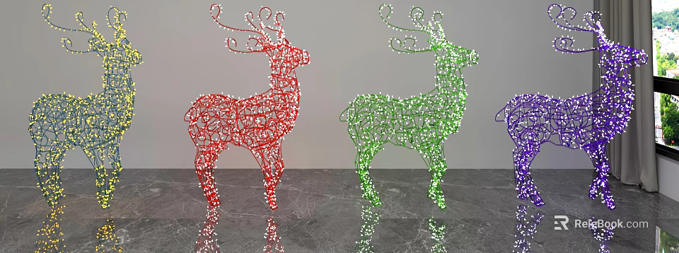 Red And Green Deer Shaped Wireframe Decorative Ornament Set With Sparkling Accents On Marble Surface 3d model 