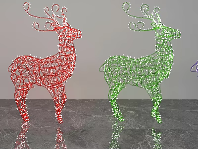 Red And Green Deer Shaped Wireframe Decorative Ornament Set With Sparkling Accents On Marble Surface 3d model