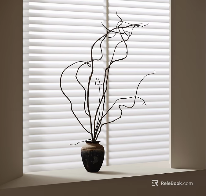 Decorative Ceramic Vase With Black Curved Branches On White Window Sill 3d model