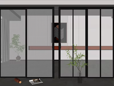 Modern Interior With Black Frame Glass Sliding Doors And Potted Plants 3d model