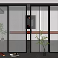 Modern Interior With Black Frame Glass Sliding Doors And Potted Plants