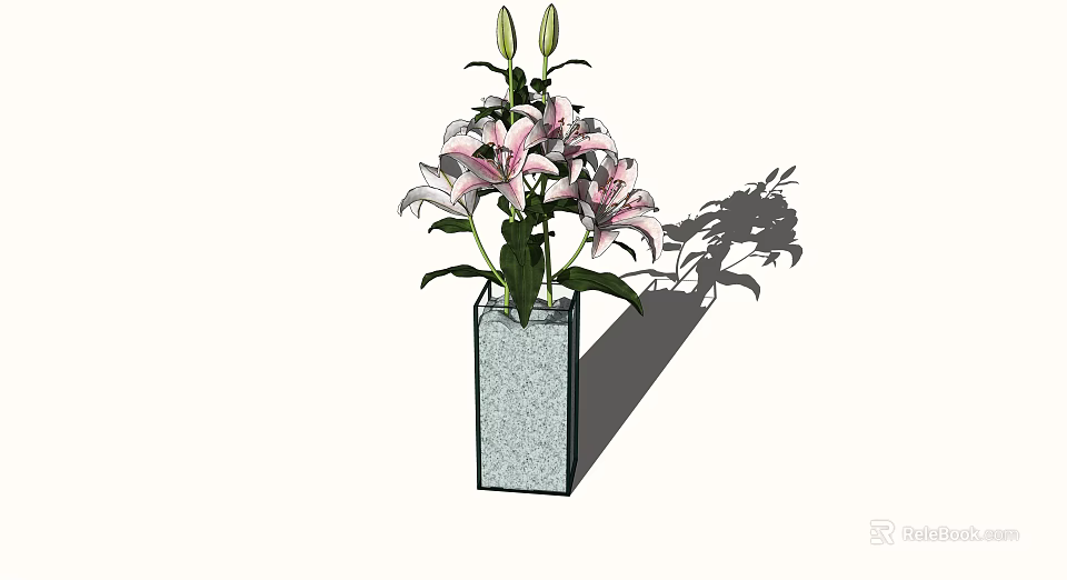 Square Gray Vase With Pink And White Lily Flowers And Green Leaves 3d model 