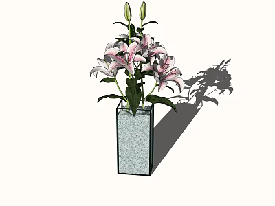 Square Gray Vase With Pink And White Lily Flowers And Green Leaves 3d model