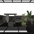 Modern Courtyard Garden Design With Water Feature Outdoor Dining Seating Green Plants And Dark Stone