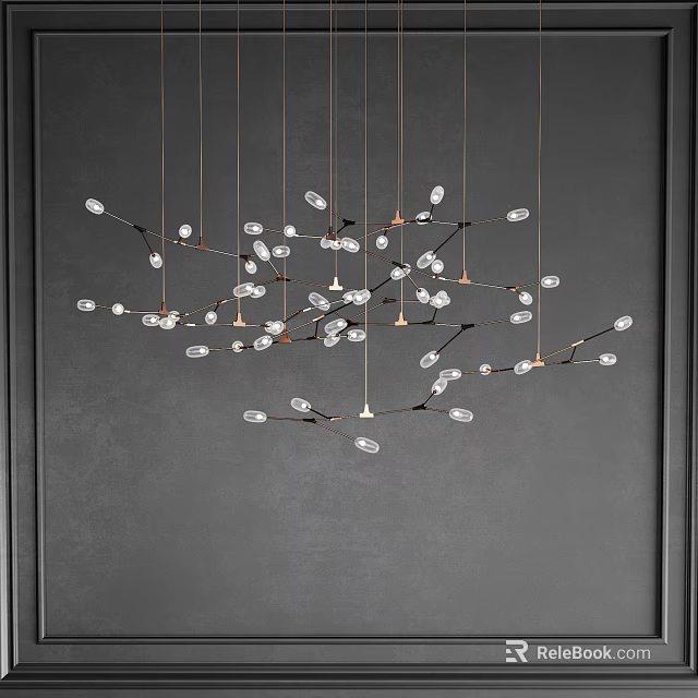 Modern Branch Shaped Chandelier with Brass Branches and Transparent Glass Bulbs in Dark Wall Interior 3d model 