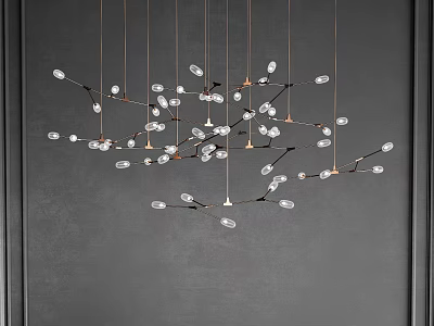 Modern Branch Shaped Chandelier with Brass Branches and Transparent Glass Bulbs in Dark Wall Interior 3d model