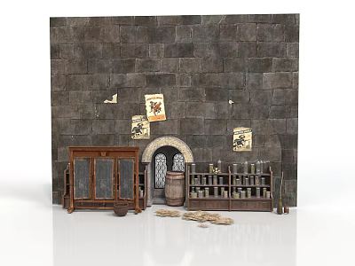 Medieval Interior Setting With Stone Wall Scrolls Arched Doorway Wooden Barrel Cabinet And Bottle Shelf 3d model