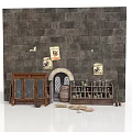 Medieval Interior Setting With Stone Wall Scrolls Arched Doorway Wooden Barrel Cabinet And Bottle Shelf