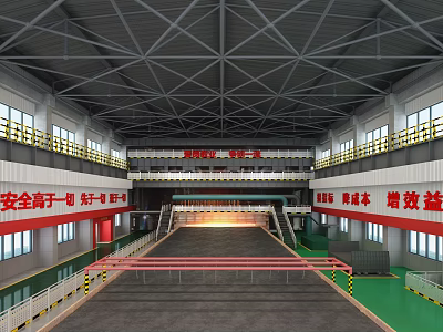 Spacious Industrial Workshop Interior Featuring Steel Structure Ceiling And Safety Banners 3d model