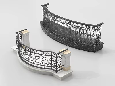 Curved Wrought Iron Railings With Intricate Floral Patterns And Marble Base 3d model