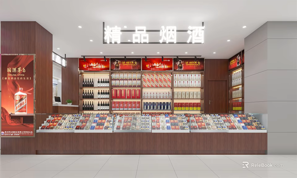 Boutique Liquor and Tobacco Store With Well Arranged Shelves And Various Products 3d model 