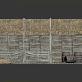 Traditional Thatched Roof Wooden Shed With Three Connected Sections Barrels And Wooden Cart