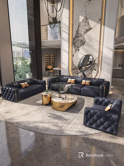 Modern Sofa And Coffee Table Set With Dark Blue Gold Accents In Elegant Living Room 3d model 