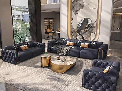 Modern Sofa And Coffee Table Set With Dark Blue Gold Accents In Elegant Living Room 3d model