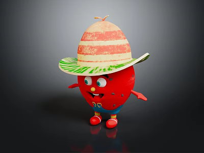 Red 3D Cartoon Game Movie Character With Straw Hat Green Rim Blue Shorts Red Shoes 3d model