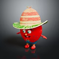Red 3D Cartoon Game Movie Character With Straw Hat Green Rim Blue Shorts Red Shoes