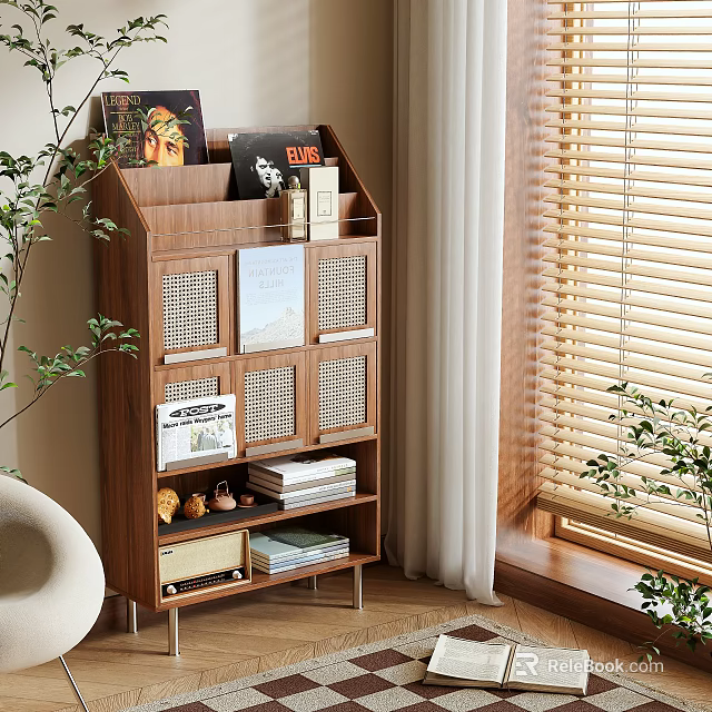 Wooden Storage Shelf Unit With Books Records Shoes And Decorative Items In Cozy Indoor Space 3d model 