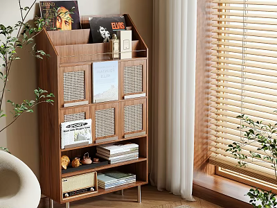 Wooden Storage Shelf Unit With Books Records Shoes And Decorative Items In Cozy Indoor Space 3d model