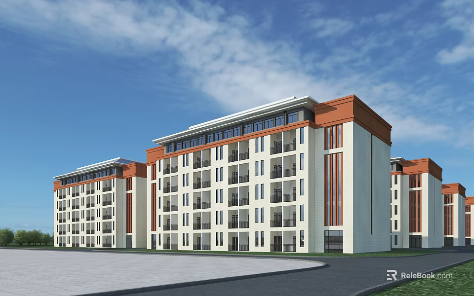 Modern Multi Story School Building With White Orange Facade Large Windows And Open Square Front 3d model