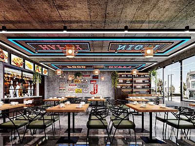 Modern Hot Pot Restaurant Interior With Stylish Lighting And Seating 3d model