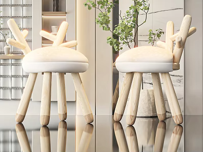 Kids Chair With Antler Shaped Backrest Soft Padded Seat Light Wooden Legs Modern Home Interior 3d model