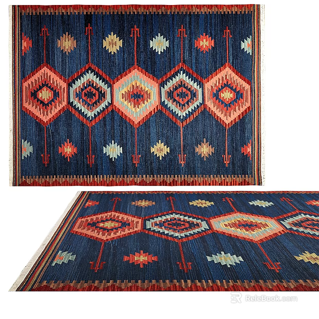 Square Rug With Geometric Diamond Patterns And Vibrant Blue Red Orange Colors 3d model 