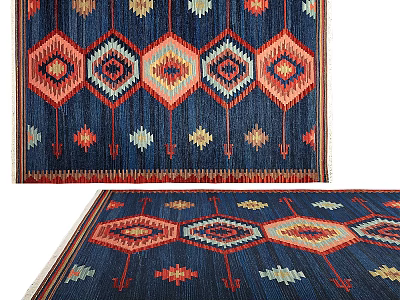 Square Rug With Geometric Diamond Patterns And Vibrant Blue Red Orange Colors 3d model