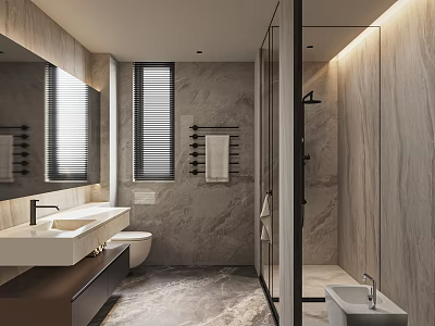 Modern Bathroom Interior Featuring Marble Walls Double Vanity Sinks And Glass Shower Enclosure 3d model
