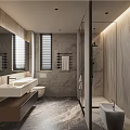 Modern Bathroom Interior Featuring Marble Walls Double Vanity Sinks And Glass Shower Enclosure