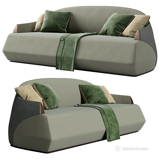 Modern Sectional Sofa With Soft Gray Upholstery Green Beige Pillows And Throw Blanket 3d model 
