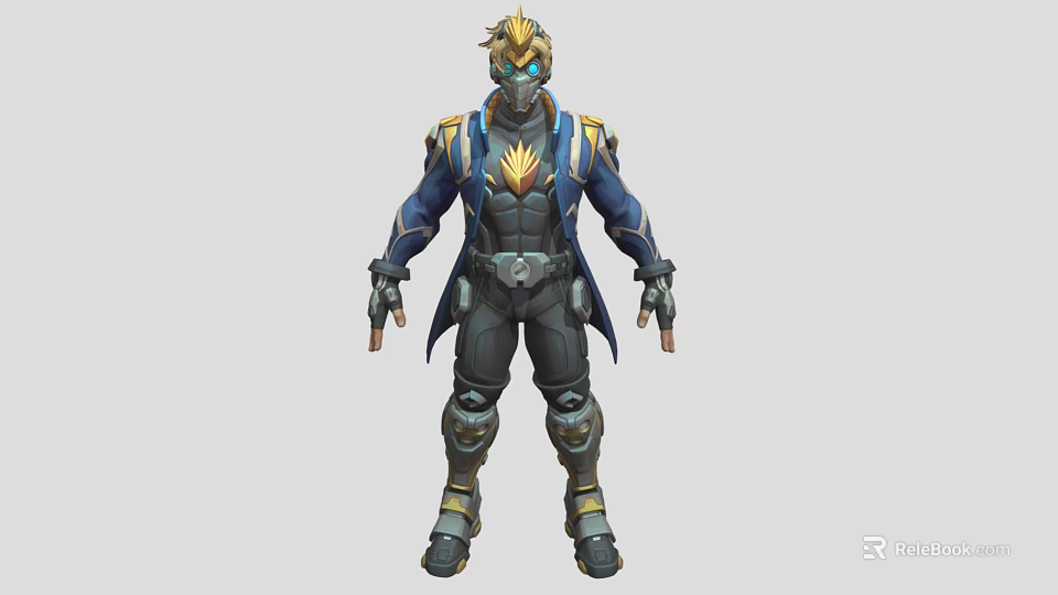 Detailed Game Movie Character with Blue Coat Golden Helmet and Black Armor 3d model 