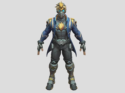 Detailed Game Movie Character with Blue Coat Golden Helmet and Black Armor 3d model