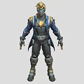 Detailed Game Movie Character with Blue Coat Golden Helmet and Black Armor