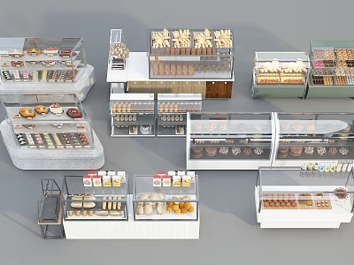 Various Styles of Bakery Display Cases and Shelves with Glass Doors and Multi Tiered Design 3d model