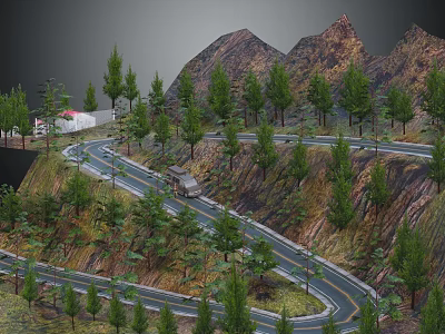 Scenic Winding Mountain Road With Trees And Distant Mountain Landscapes 3d model