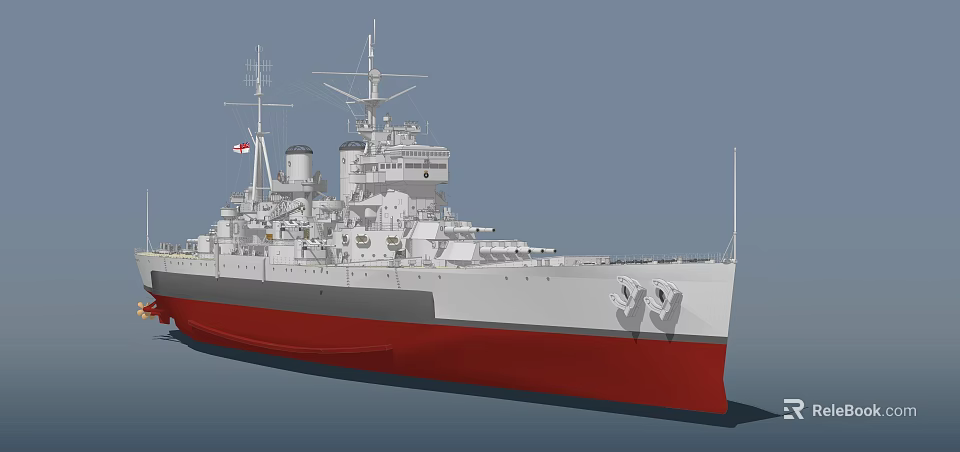 Vintage Warship With White Superstructure Red Hull Mast Turret And Flag 3d model 