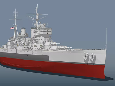 Vintage Warship With White Superstructure Red Hull Mast Turret And Flag 3d model