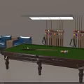 Billiard Room With Green Felt Table Blue Sofas Cue Rack And Hanging Light 3d model