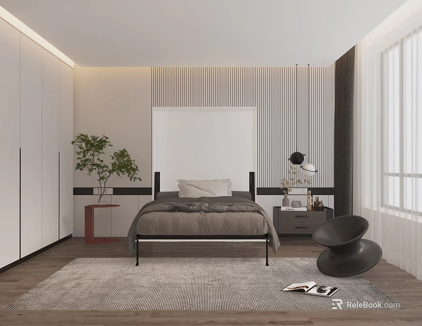 Modern Bedroom Interior With Comfortable Bed Wardrobe Area Rug And Decorative Plant 3d model 