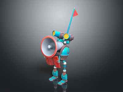 Blue Toy Robot With Megaphone Yellow Eyes And Red Flag Design 3d model