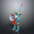 Blue Toy Robot With Megaphone Yellow Eyes And Red Flag Design