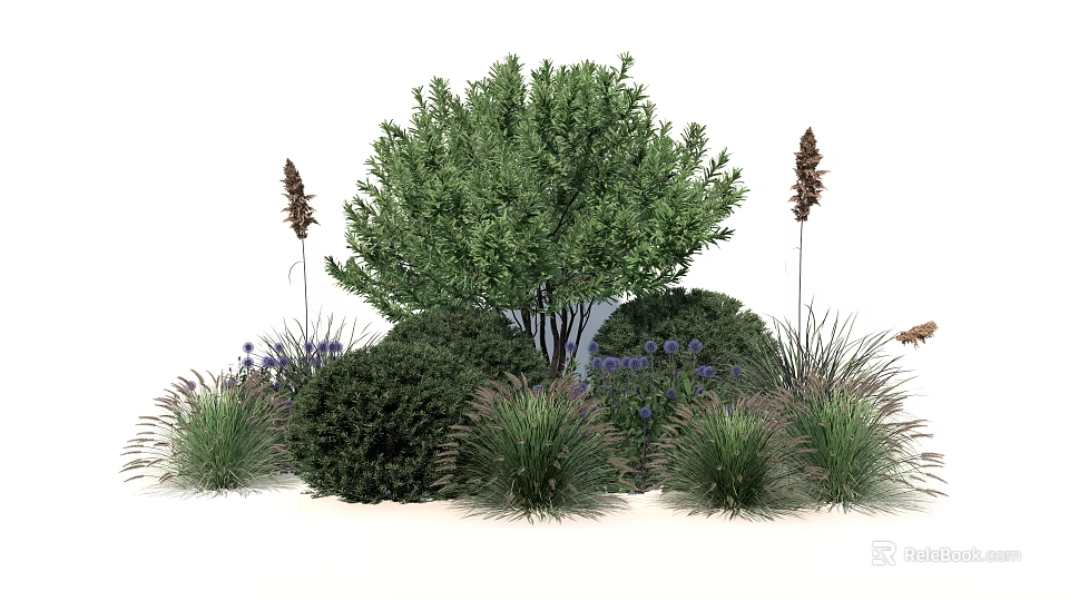 Lush Garden Shrub Surrounded By Purple Flowers And Ornamental Grasses In Outdoor Landscape 3d model 
