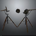 Antique Weapons Featuring Wooden Tripod Stands And Metal Barrels With Central Component