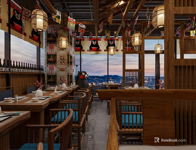 Cozy Japanese Restaurant Interior With Wooden Fixtures Kumamon Decor And Beautiful City Night View 3d model 